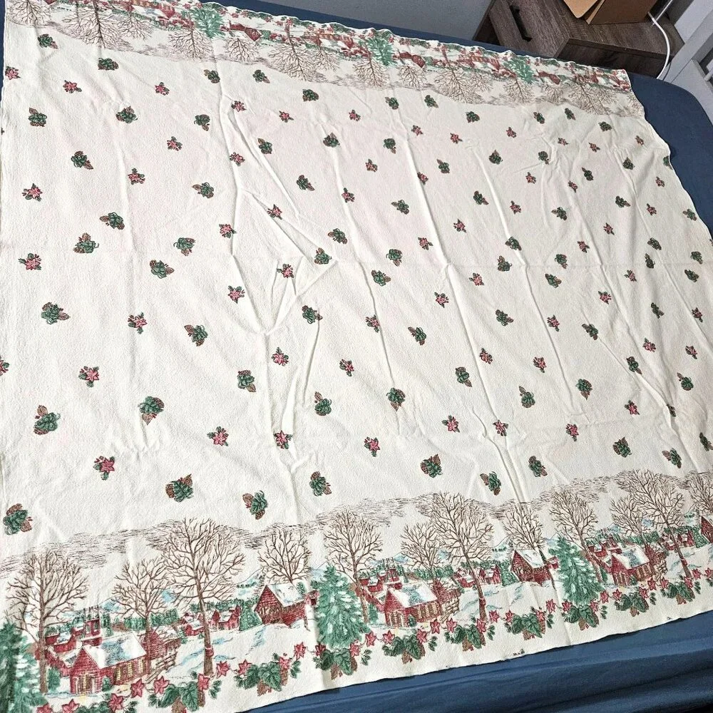 Winter Rustic Rectangle Tablecloth Linen Cloth Cover White Green Brown 61